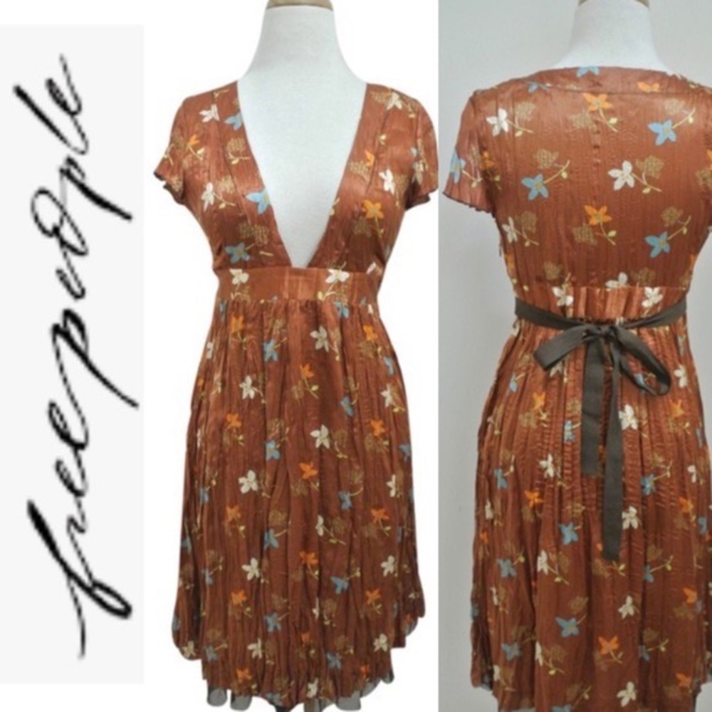 FREE PEOPLE Copper Floral Print Crinkle Silk Dress Size 4